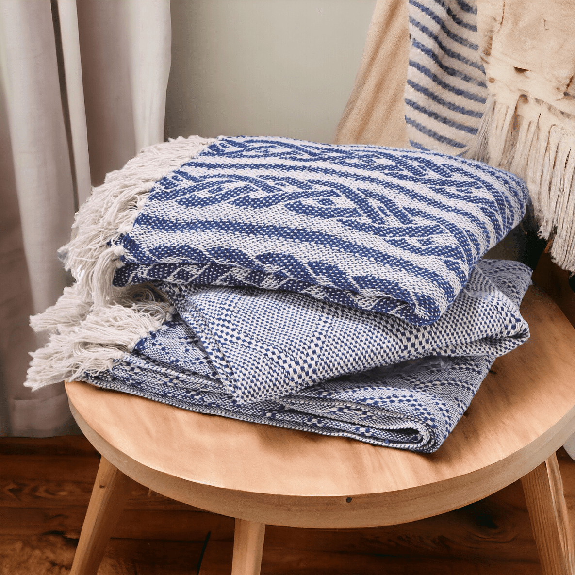 Blue Diamond Throw Blanket with Tassels - 50x60 Cotton