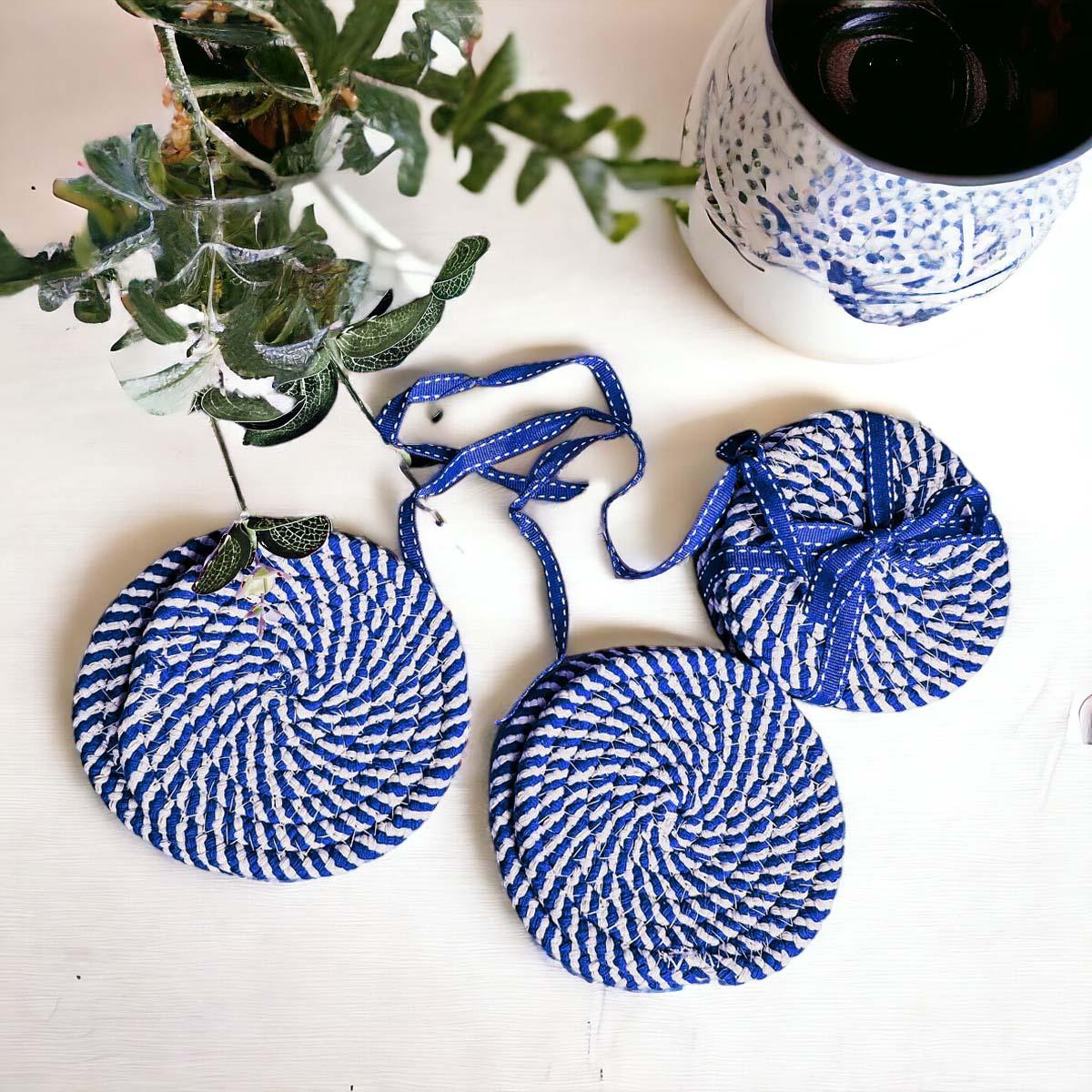 Blue Braided Rope Coasters - Set of 4