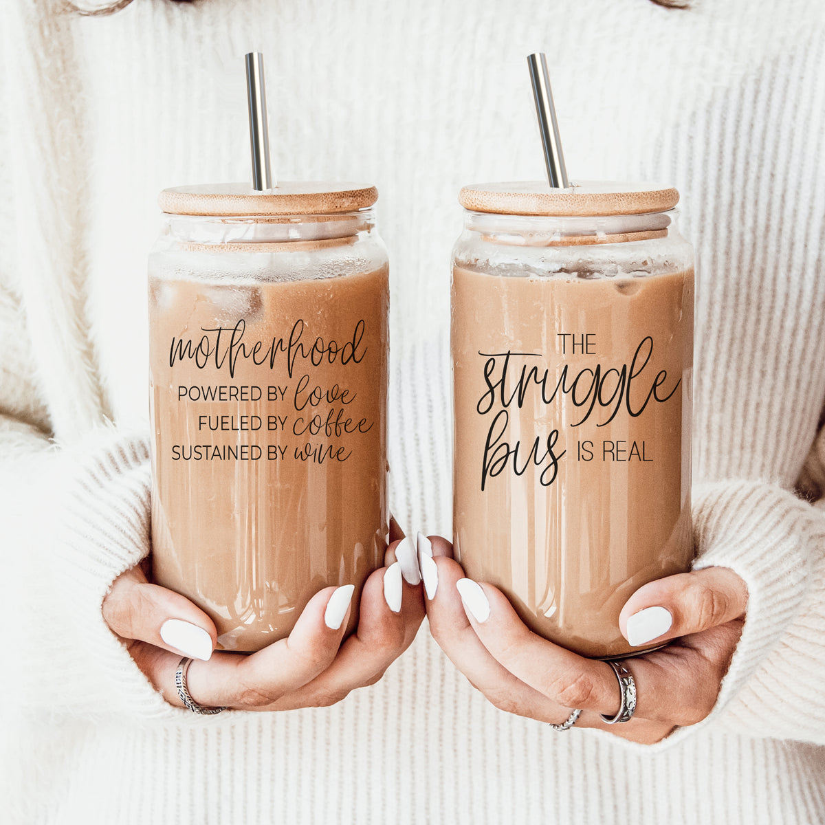 Motherhood Definition Glass Cup - 17oz with Bamboo Lid & Straws