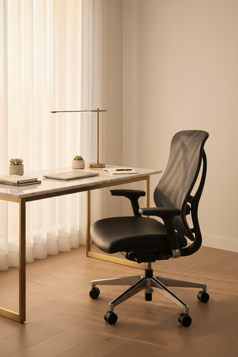 Ergonomic chair at desk with warm lighting
