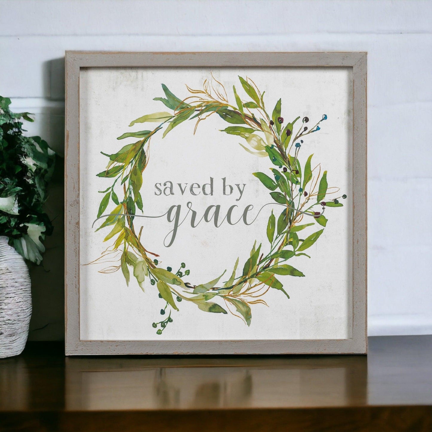 Saved By Grace Wooden Sign - 12x12" Rustic Farmhouse Decor