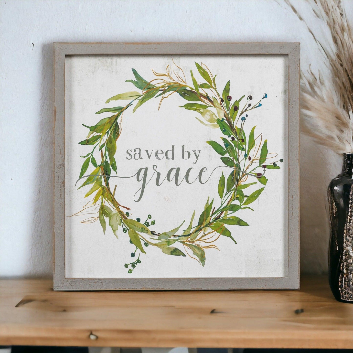 Saved By Grace Wooden Sign - 12x12" Rustic Farmhouse Decor