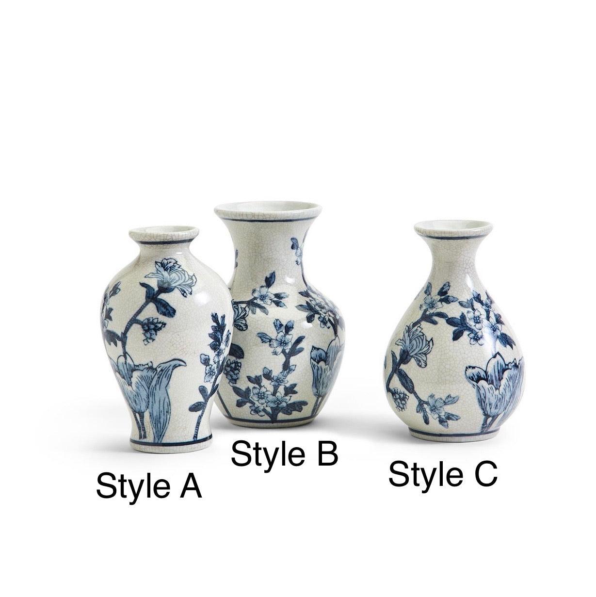 Japanese Floral Chinoiserie Vases - Blue & White Set of 3