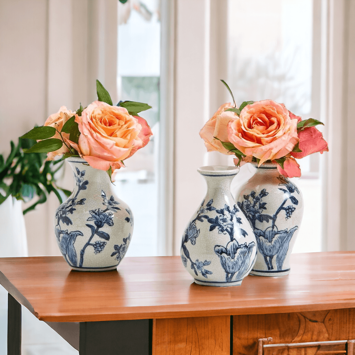 Japanese Floral Chinoiserie Vases - Blue & White Set of 3