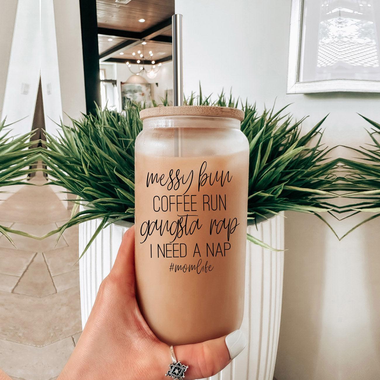 Messy Bun 17oz Glass Cup with Bamboo Lid & Straws