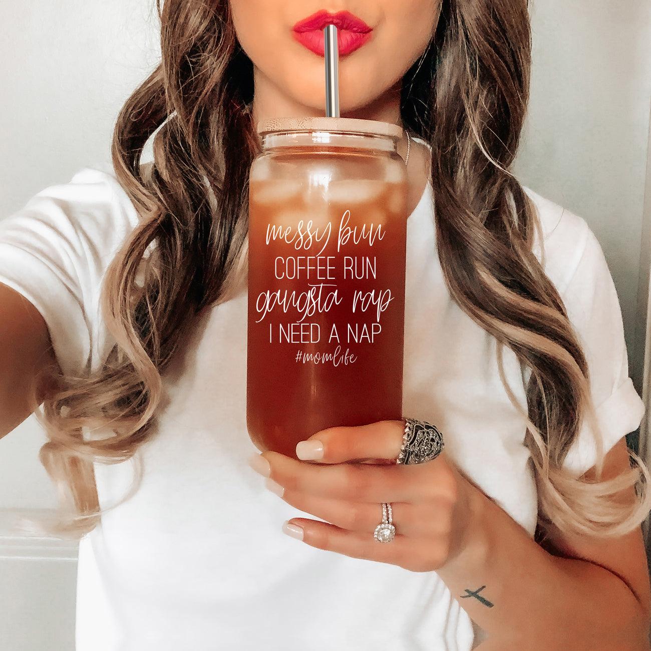Messy Bun 17oz Glass Cup with Bamboo Lid & Straws