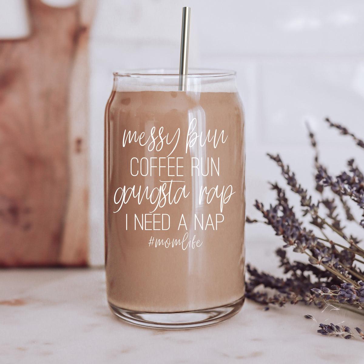 Messy Bun 17oz Glass Cup with Bamboo Lid & Straws