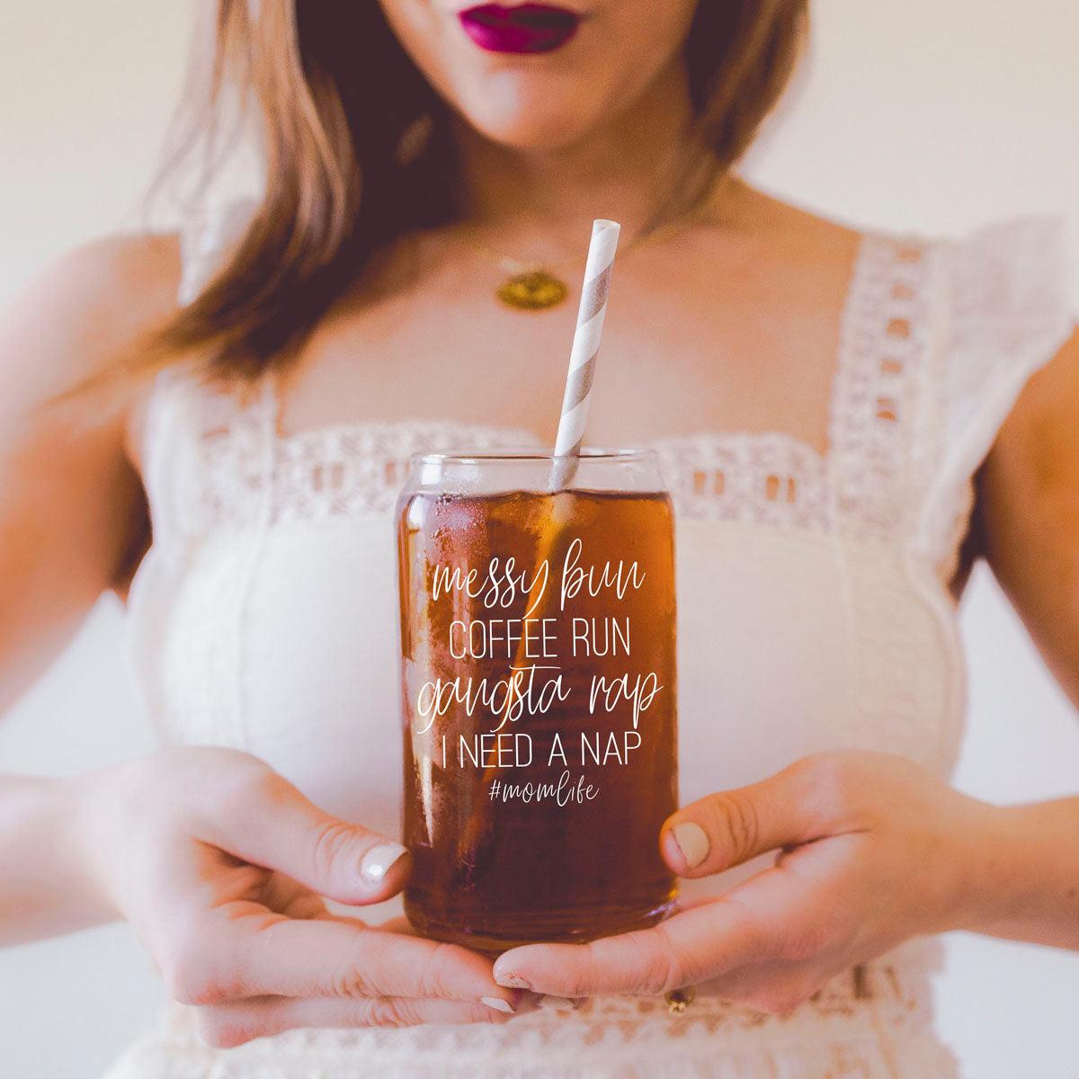 Messy Bun 17oz Glass Cup with Bamboo Lid & Straws