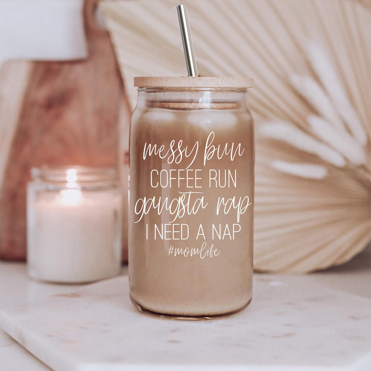 Messy Bun 17oz Glass Cup with Bamboo Lid & Straws