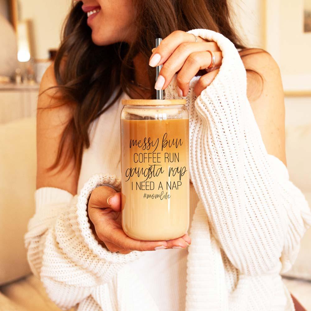 Messy Bun 17oz Glass Cup with Bamboo Lid & Straws