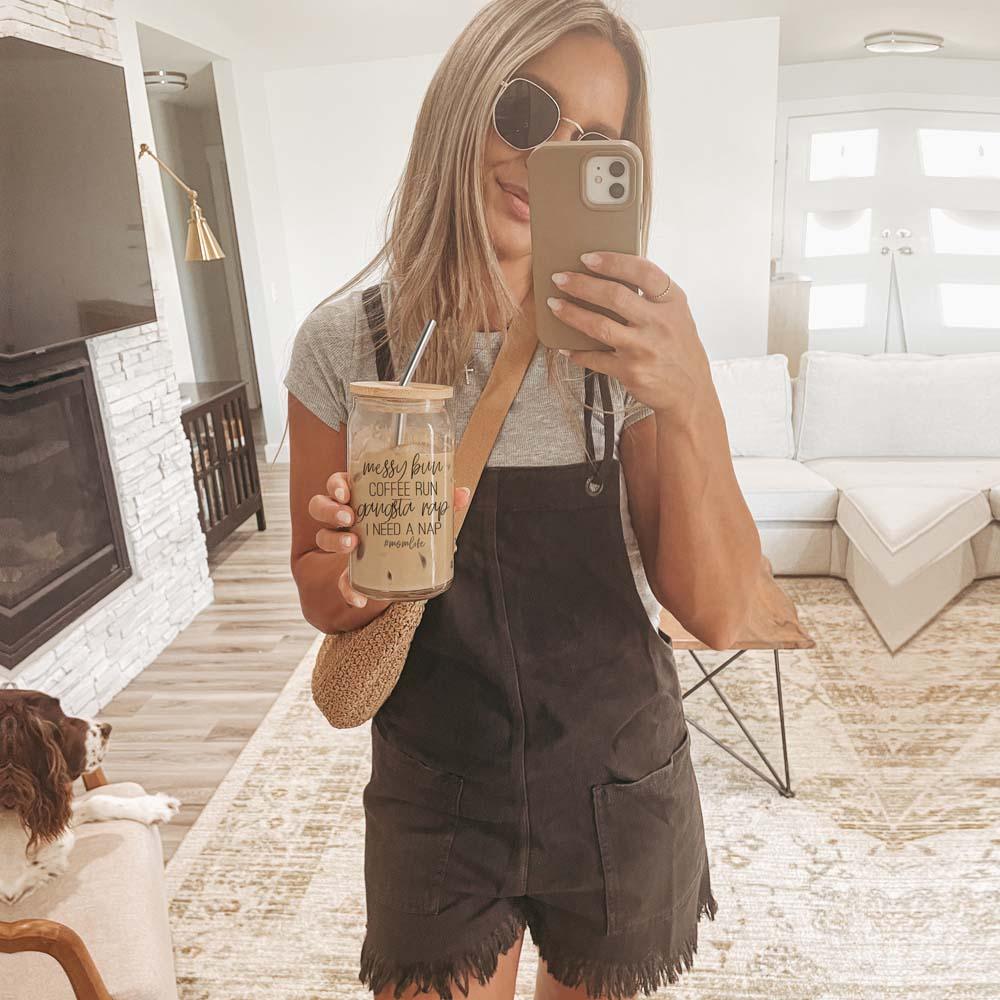 Messy Bun 17oz Glass Cup with Bamboo Lid & Straws