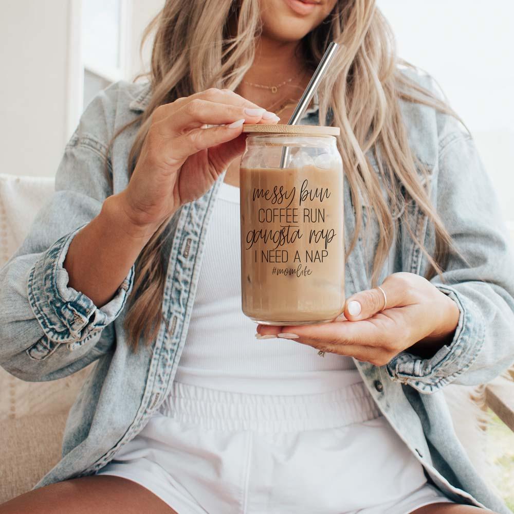 Messy Bun 17oz Glass Cup with Bamboo Lid & Straws