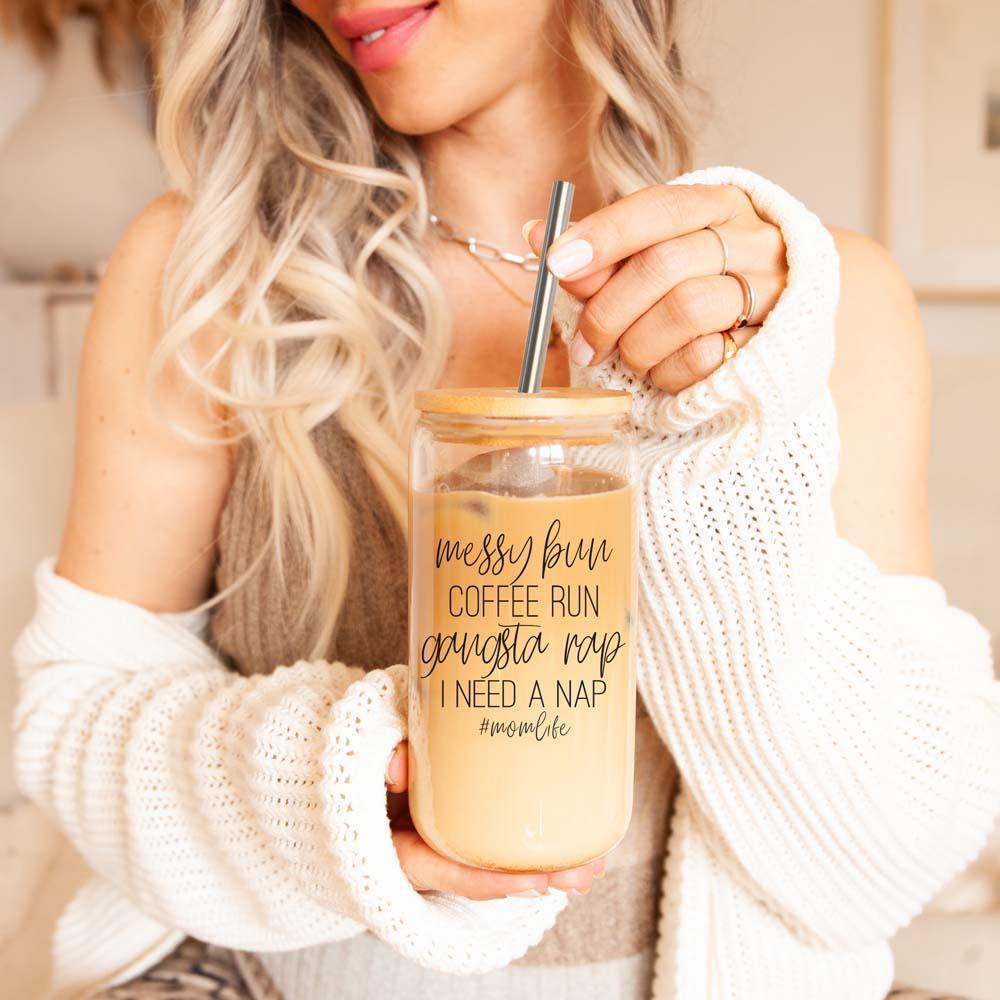 Messy Bun 17oz Glass Cup with Bamboo Lid & Straws