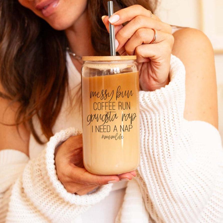 Messy Bun 17oz Glass Cup with Bamboo Lid & Straws