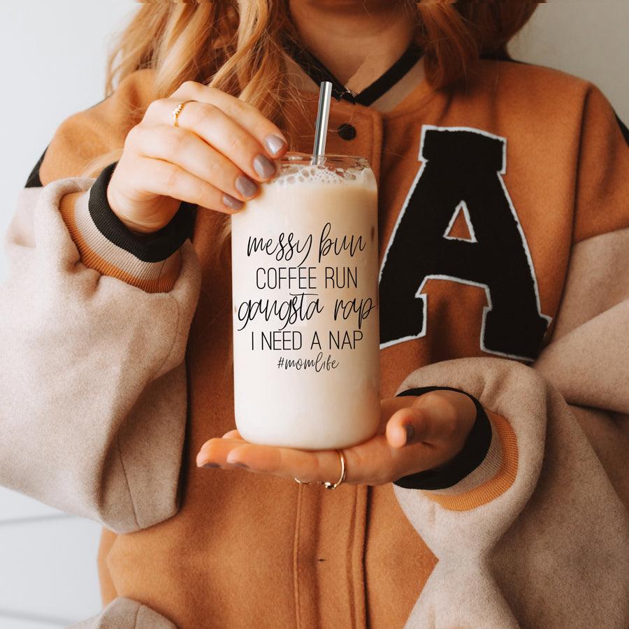 Messy Bun 17oz Glass Cup with Bamboo Lid & Straws