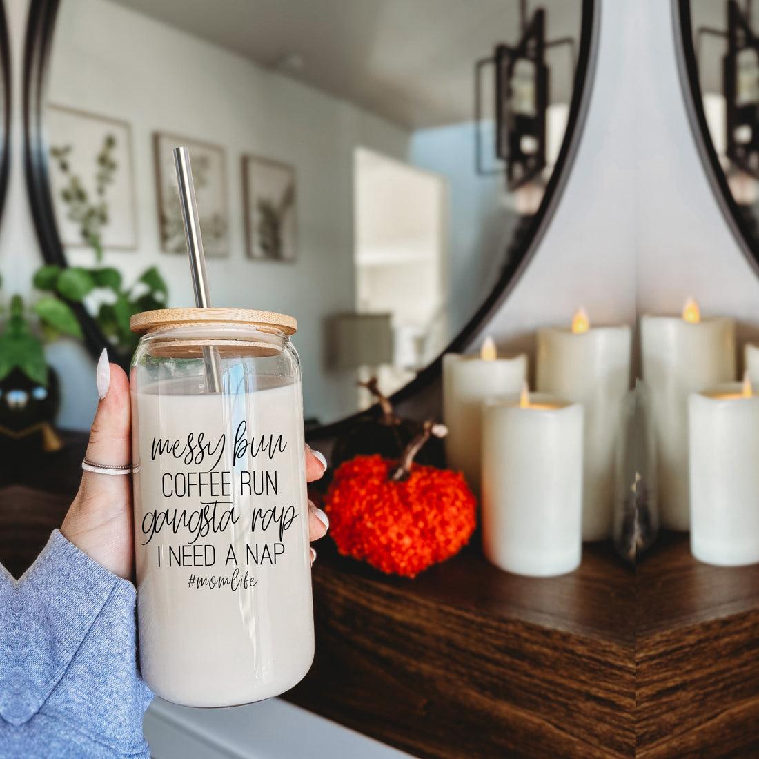 Messy Bun 17oz Glass Cup with Bamboo Lid & Straws
