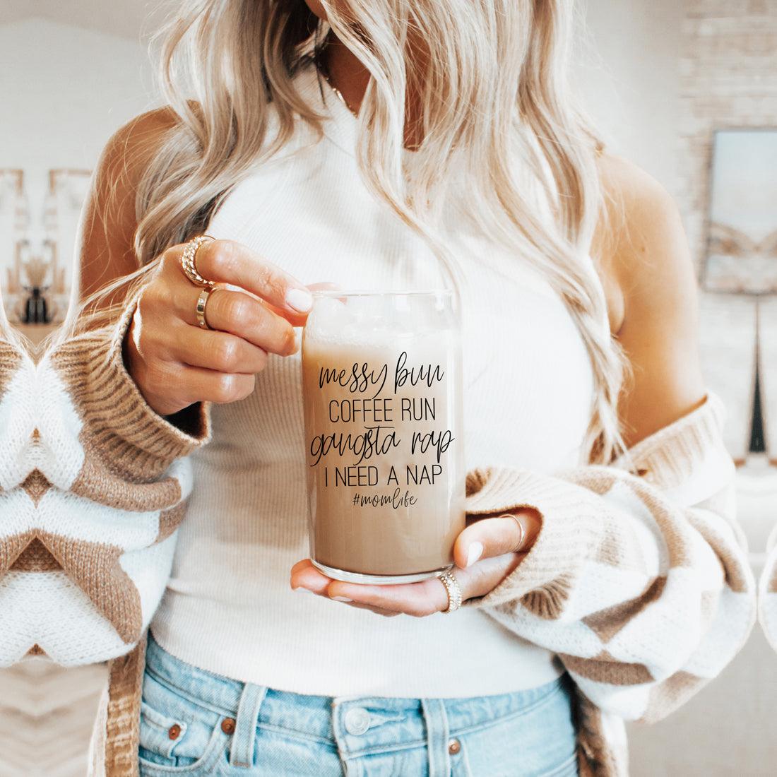 Messy Bun 17oz Glass Cup with Bamboo Lid & Straws