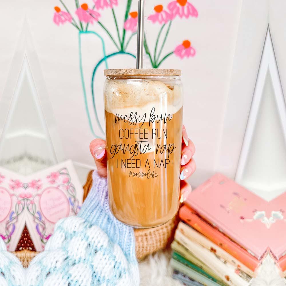 Messy Bun 17oz Glass Cup with Bamboo Lid & Straws