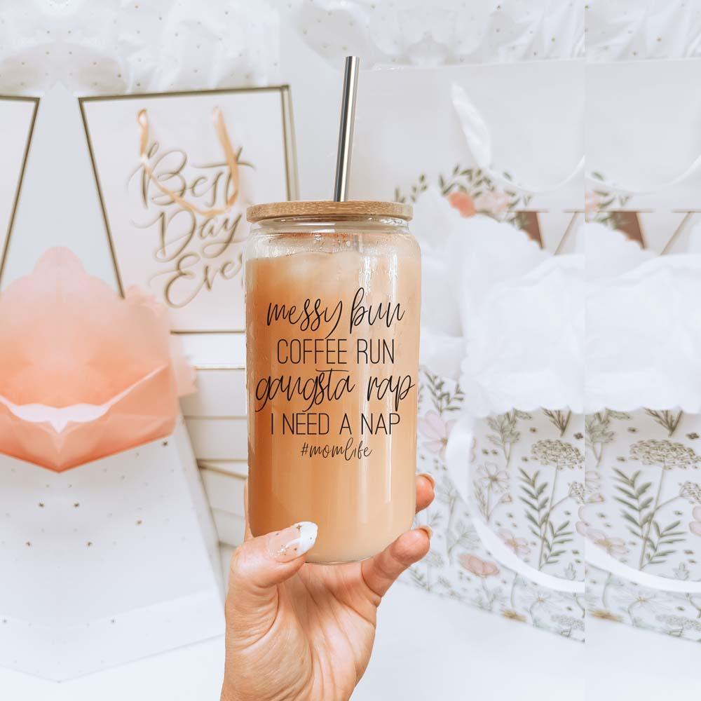 Messy Bun 17oz Glass Cup with Bamboo Lid & Straws