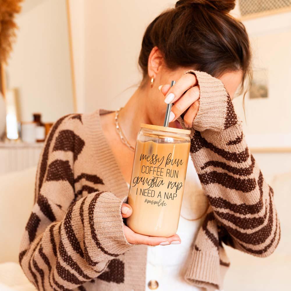 Messy Bun 17oz Glass Cup with Bamboo Lid & Straws