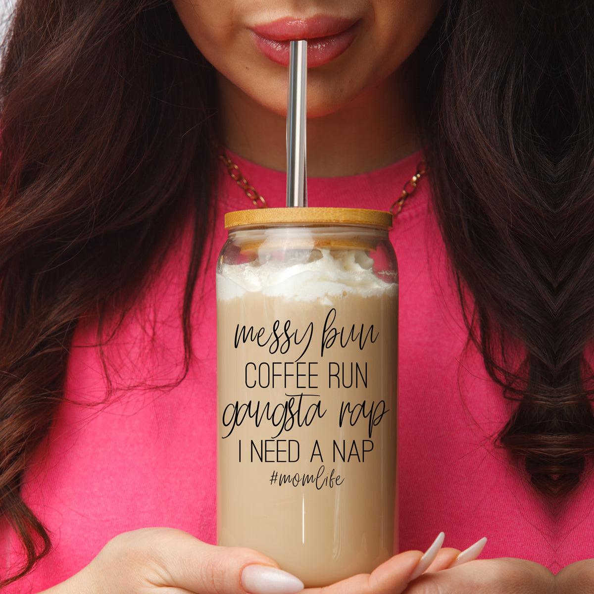 Messy Bun 17oz Glass Cup with Bamboo Lid & Straws