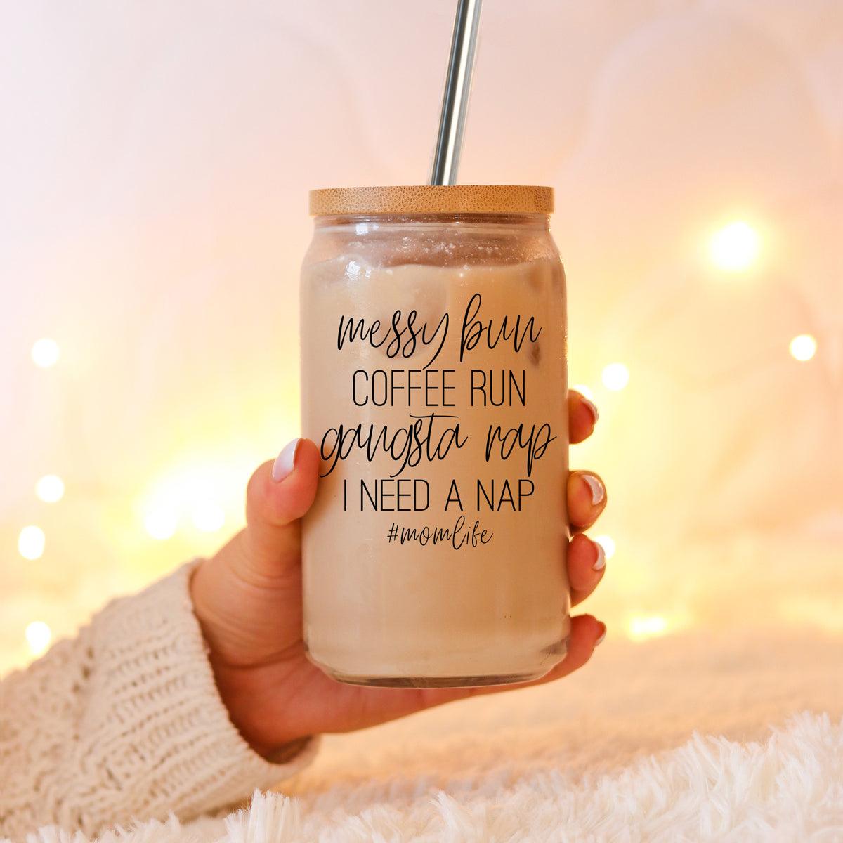 Messy Bun 17oz Glass Cup with Bamboo Lid & Straws