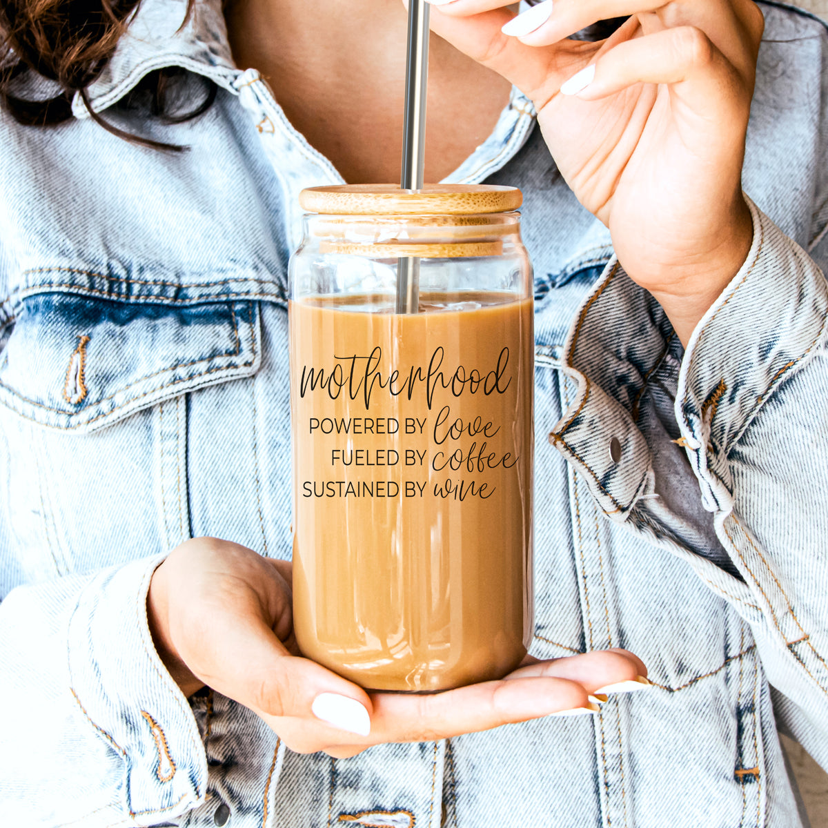 Motherhood Definition Glass Cup - 17oz with Bamboo Lid & Straws