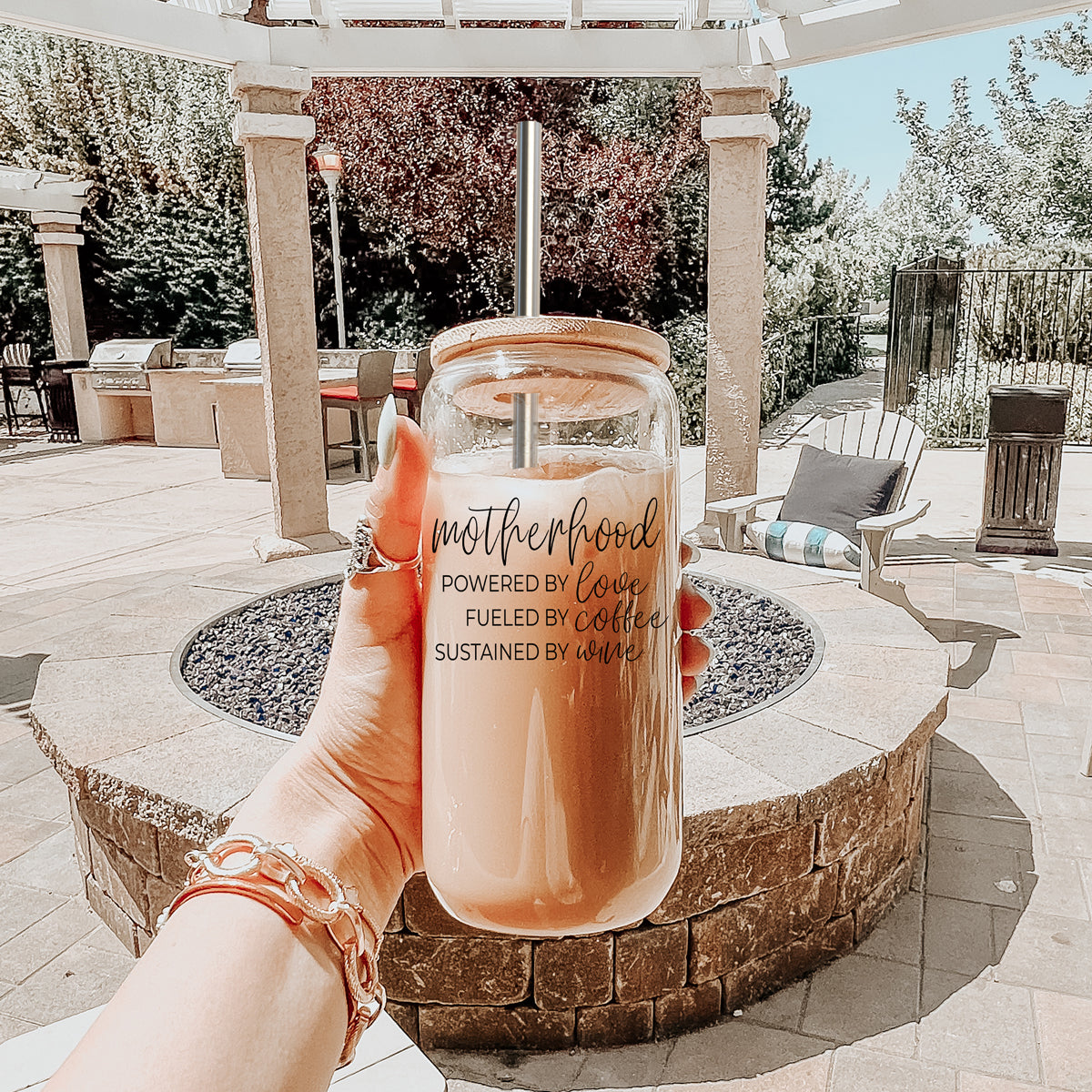 Motherhood Definition Glass Cup - 17oz with Bamboo Lid & Straws