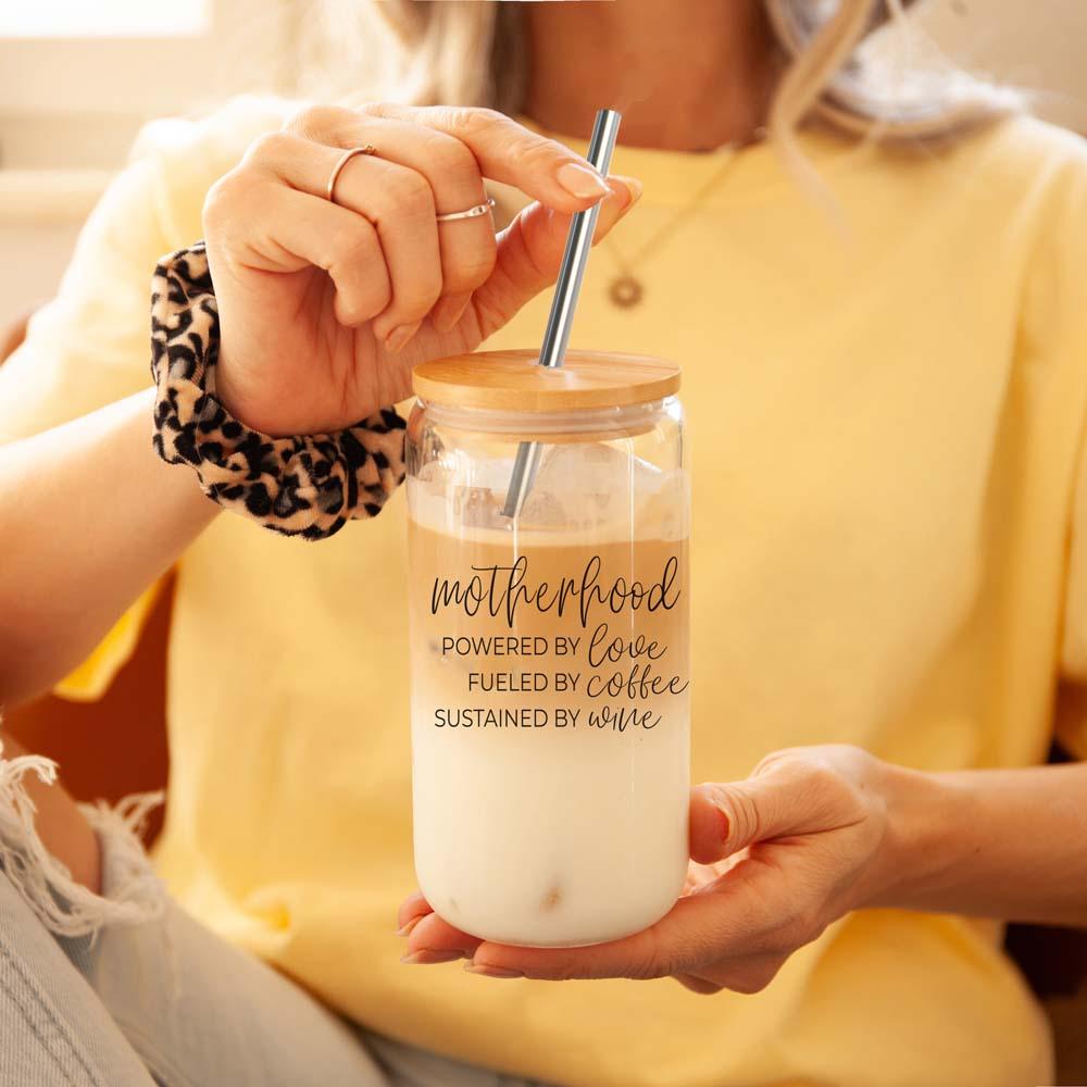 Motherhood Definition Glass Cup - 17oz with Bamboo Lid & Straws