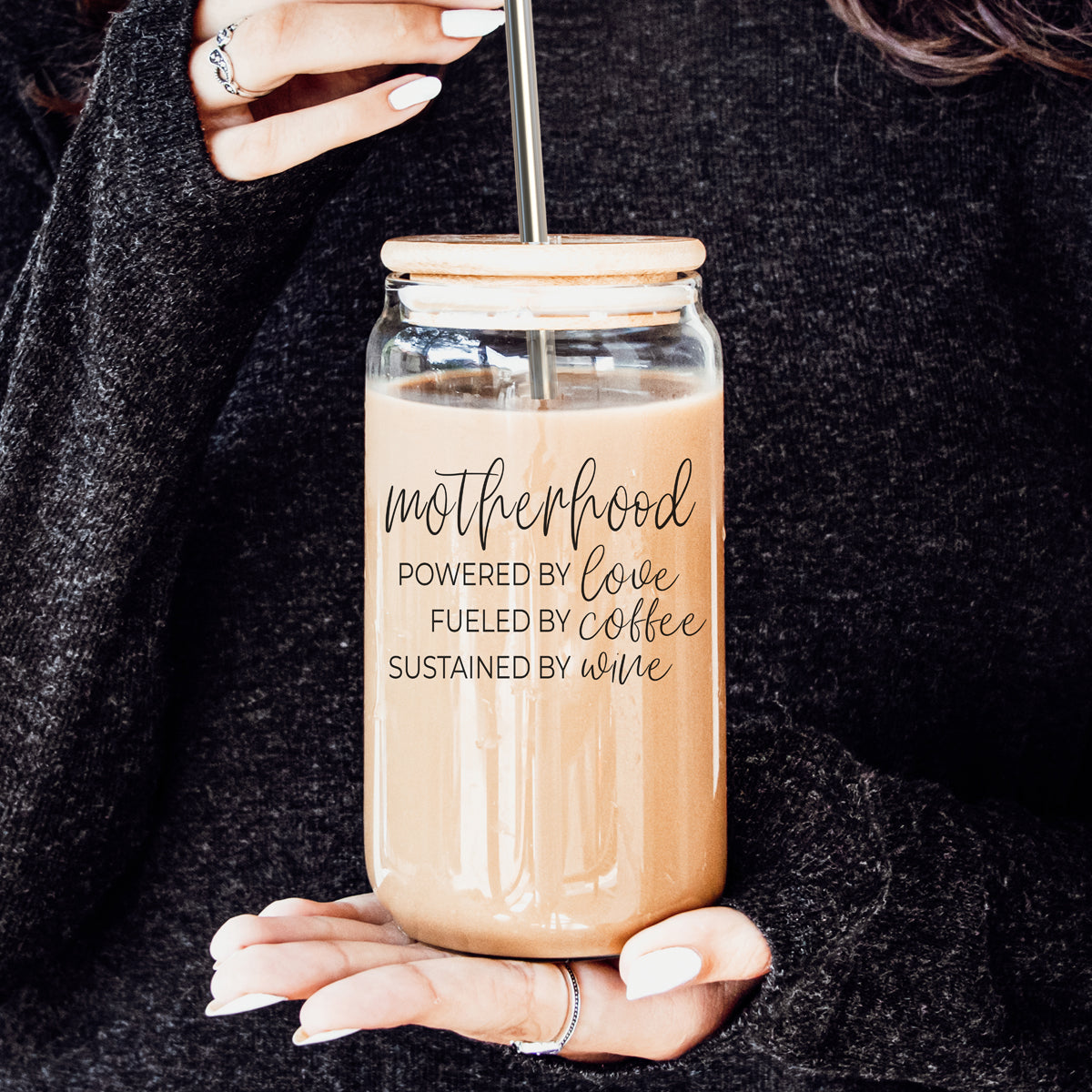Motherhood Definition Glass Cup - 17oz with Bamboo Lid & Straws