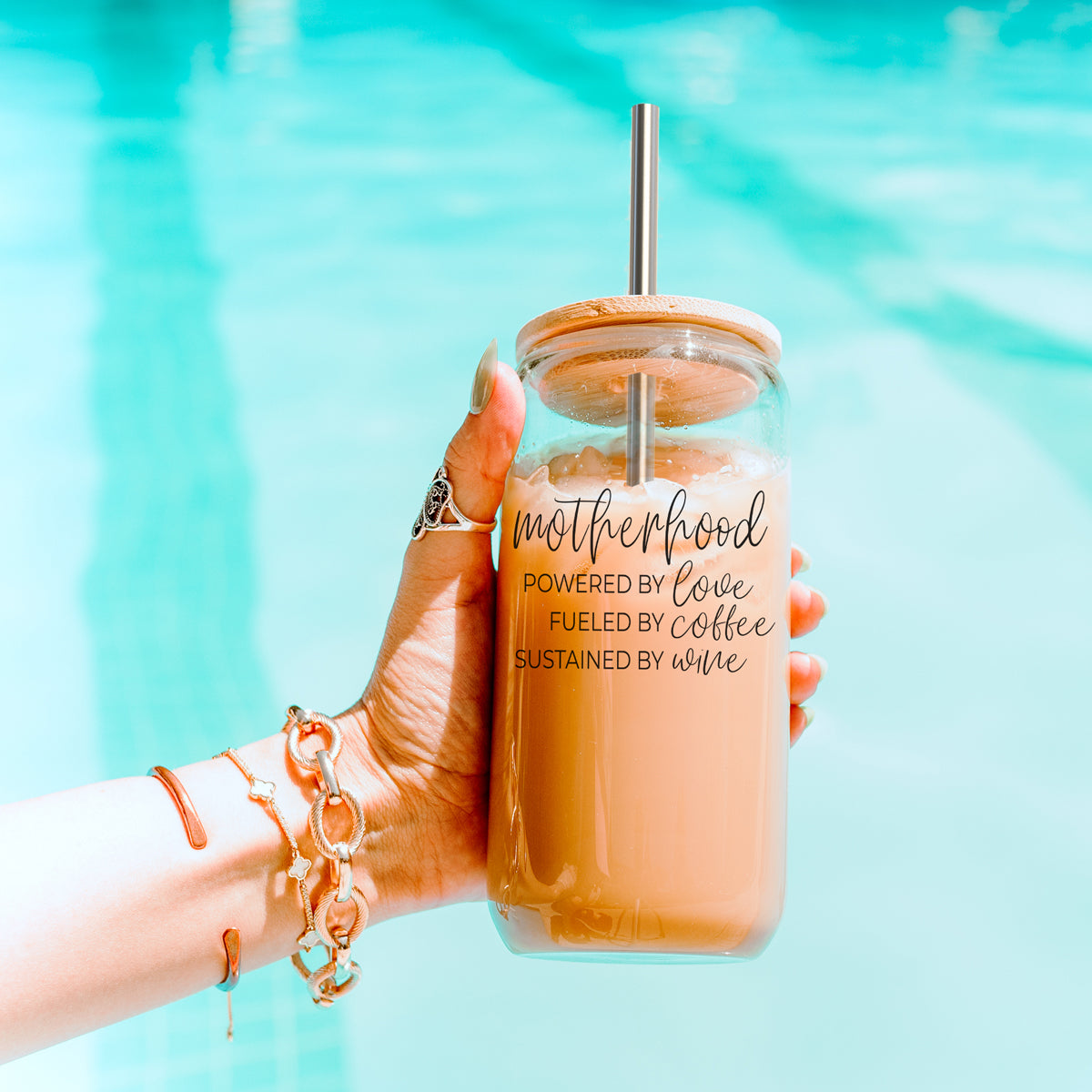 Motherhood Definition Glass Cup - 17oz with Bamboo Lid & Straws