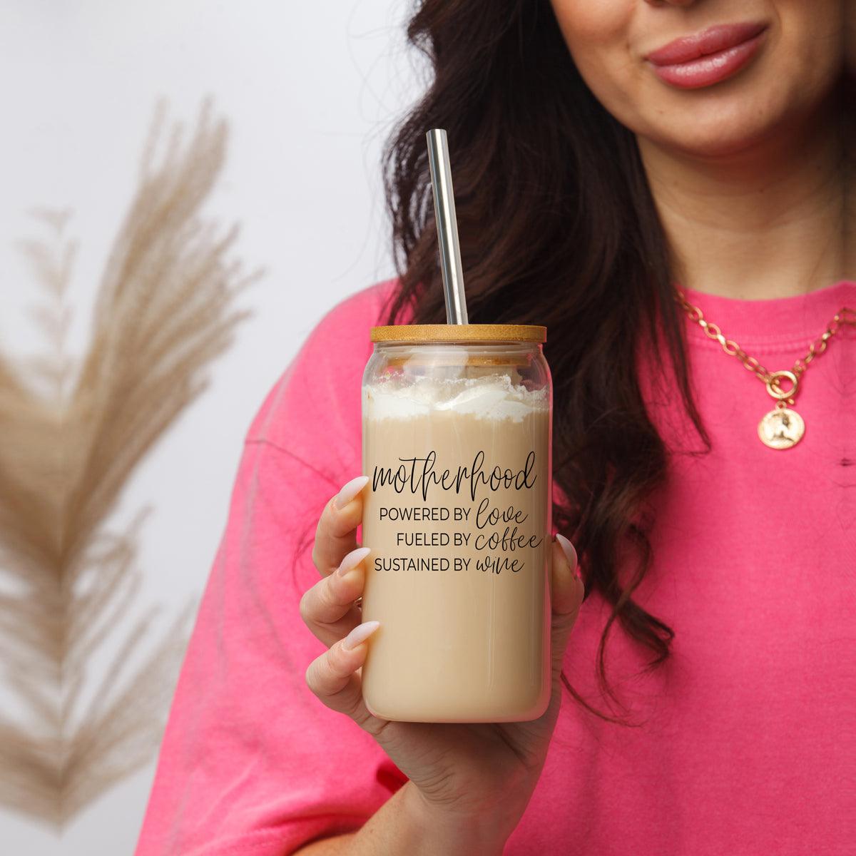 Motherhood Definition Glass Cup - 17oz with Bamboo Lid & Straws
