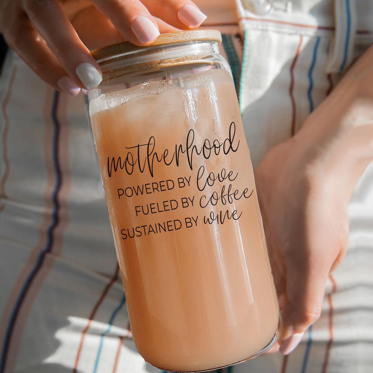 Motherhood Definition Glass Cup - 17oz with Bamboo Lid & Straws