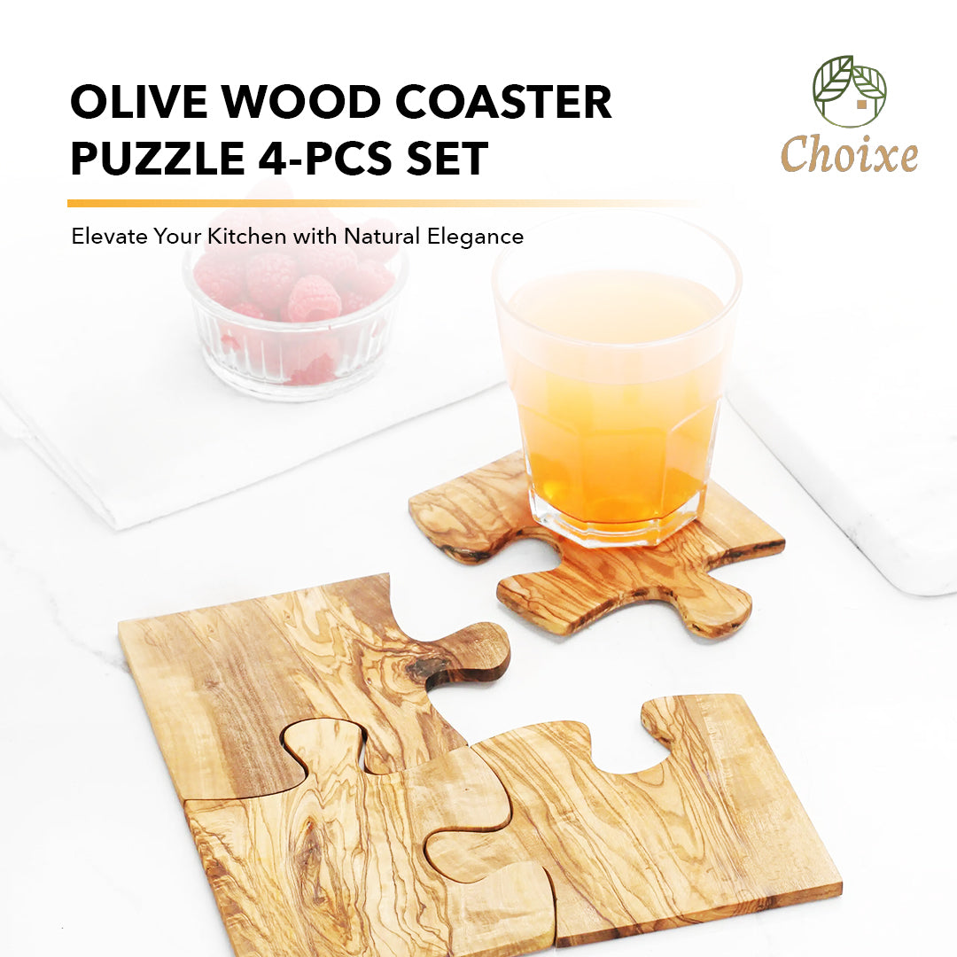 Olive Wood Coaster Puzzle Set - 4-Pack Mediterranean Coasters