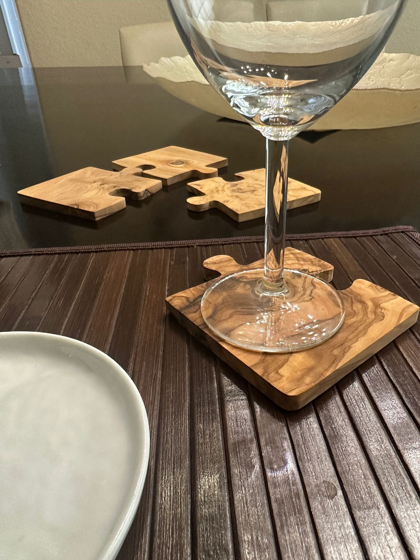 Olive Wood Coaster Puzzle Set - 4-Pack Mediterranean Coasters
