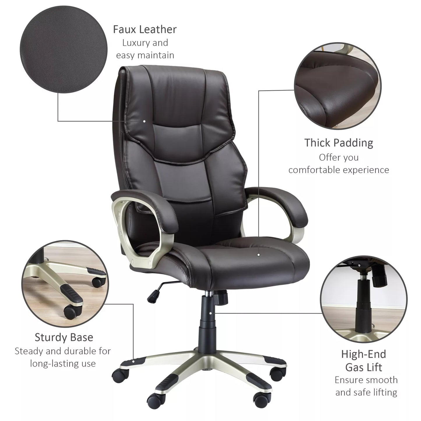 Bruce Leather Home Office Desk Chair - Ergonomic Brown Faux Leather