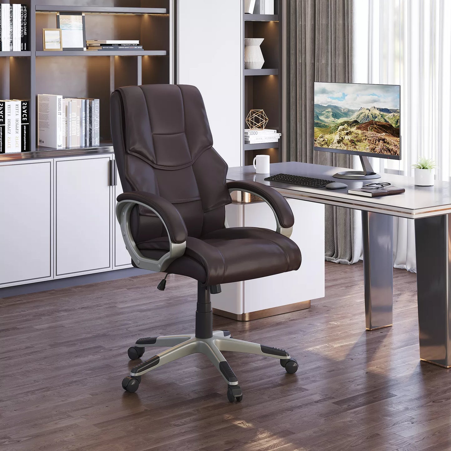 Bruce Leather Home Office Desk Chair - Ergonomic Brown Faux Leather