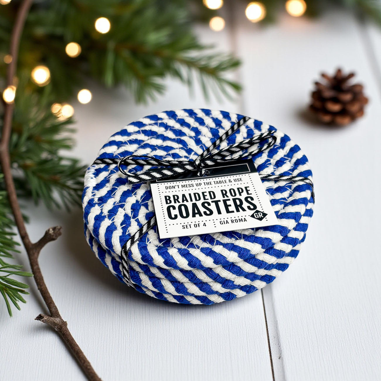 Blue Braided Rope Coasters - Set of 4