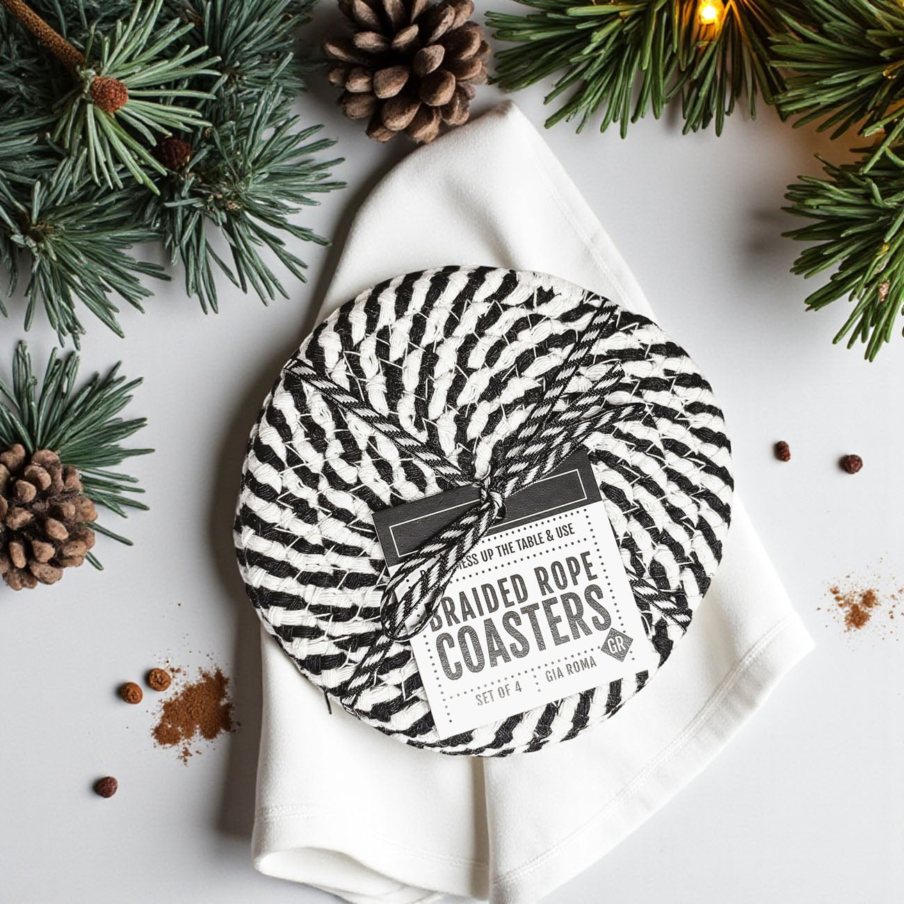 Black & White Braided Rope Coasters Set of 4