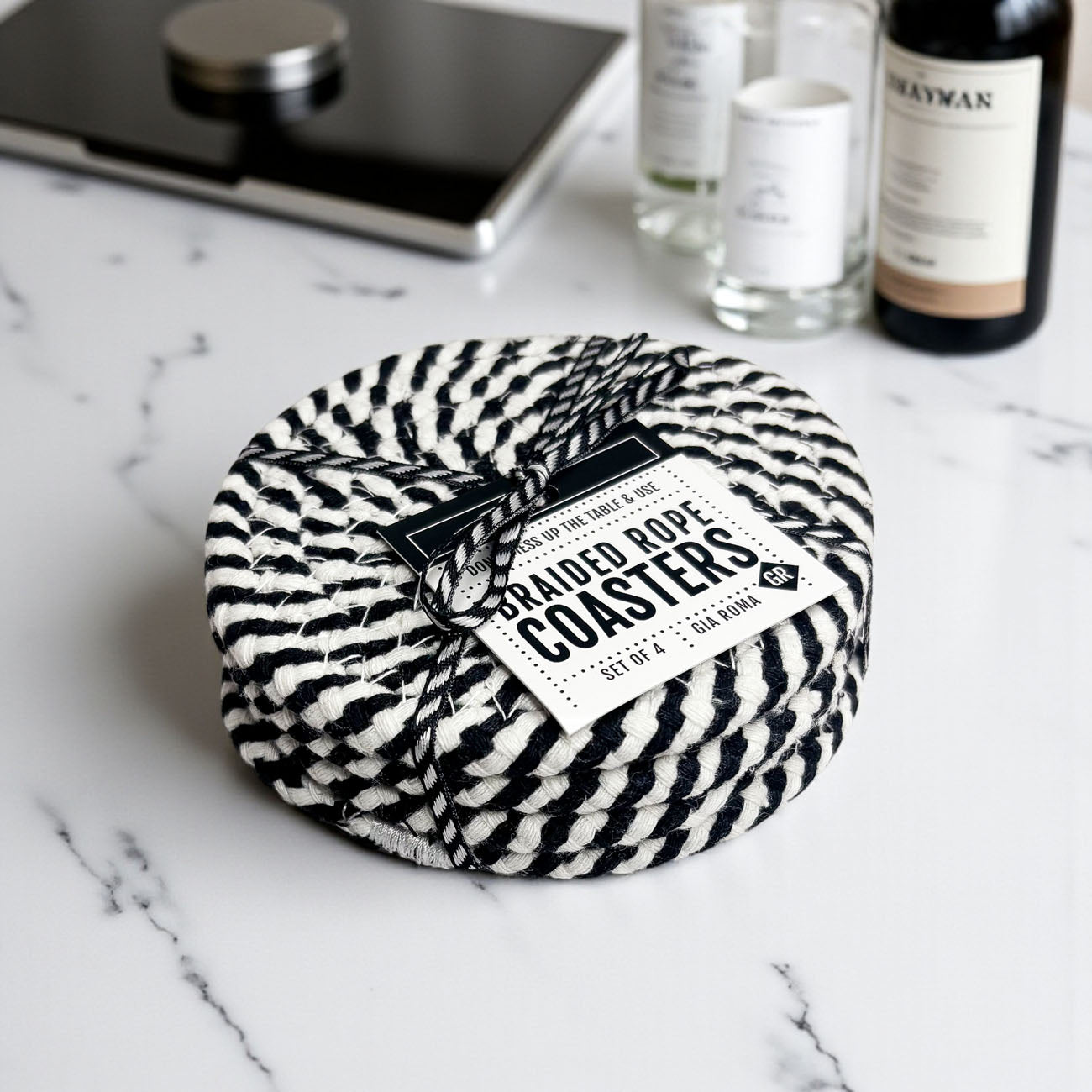 Black & White Braided Rope Coasters Set of 4