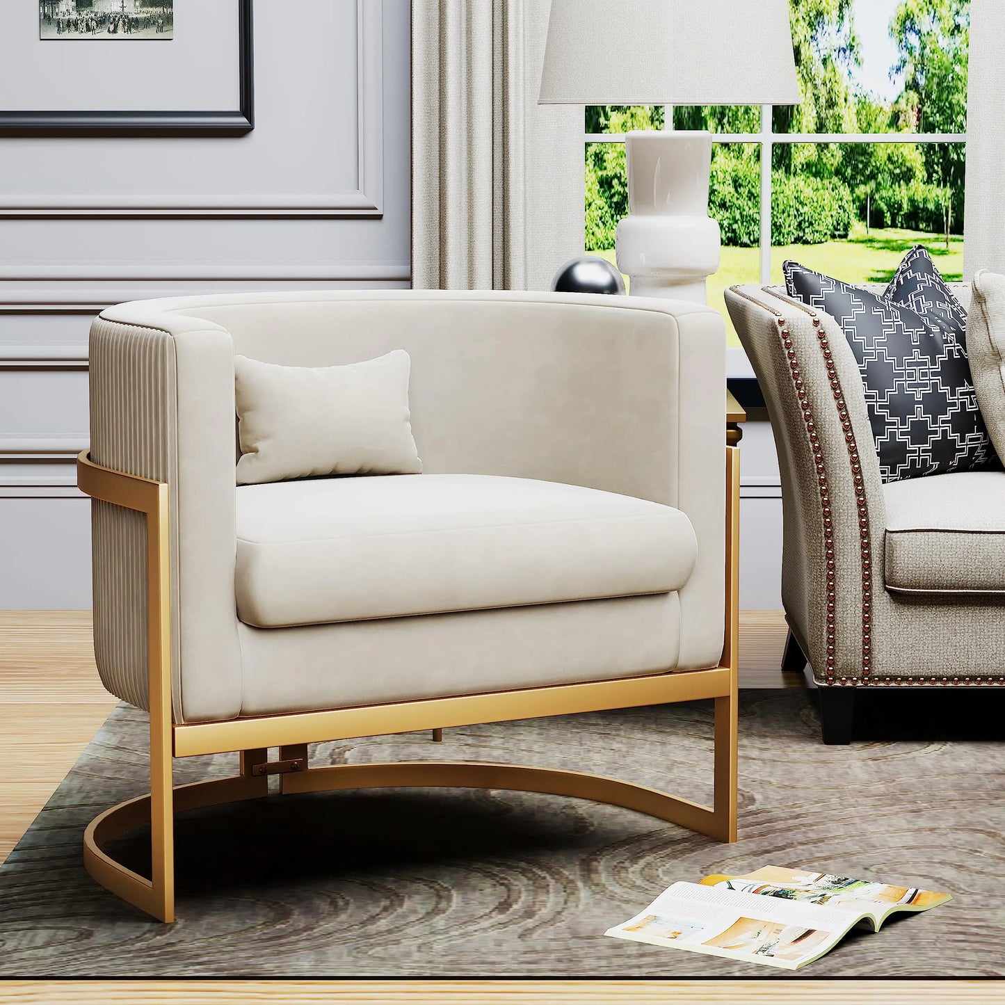 Apeaka Velvet Barrel Chair - Modern Accent Chair with Gold Legs, Ivory